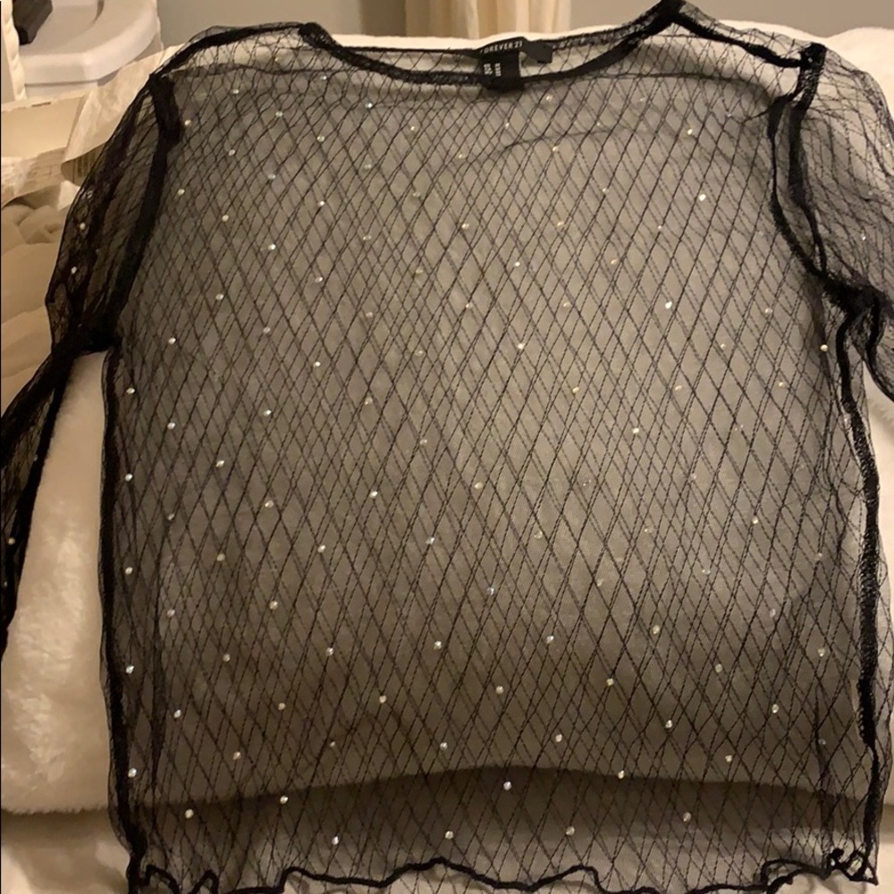 Mesh rhinestone long sleeved crop top